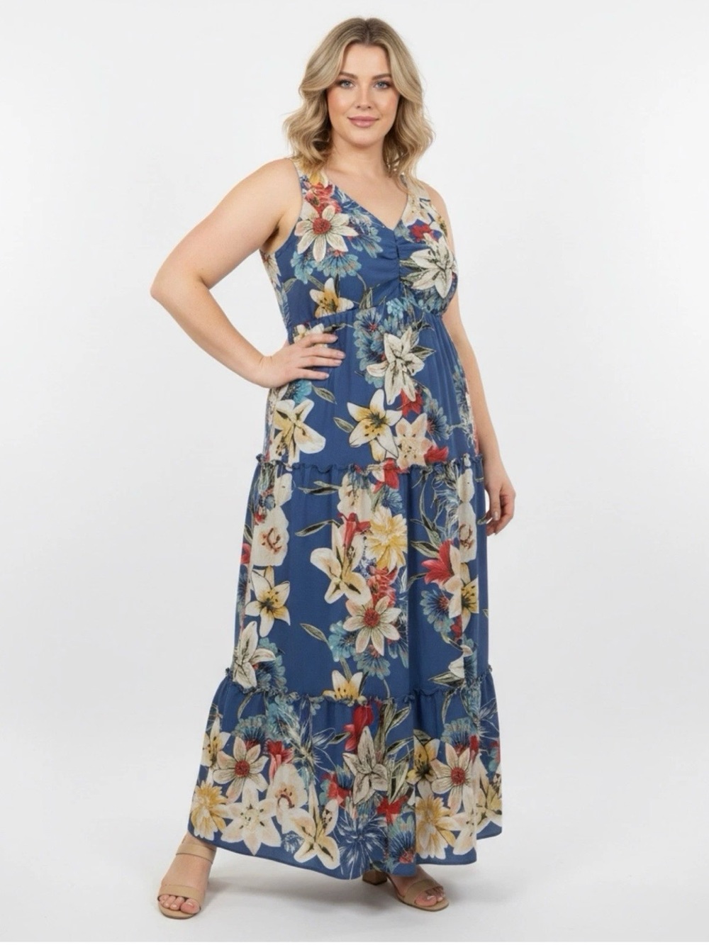Maison Tara Ghost Crepe Maxi Dress in blue multicolor. Size 16